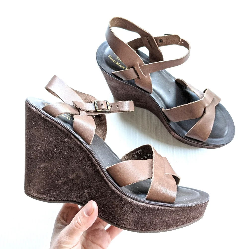 KORK EASE Bette Strappy Brown Suede Chunky Platform Wedge Sandals size 9
